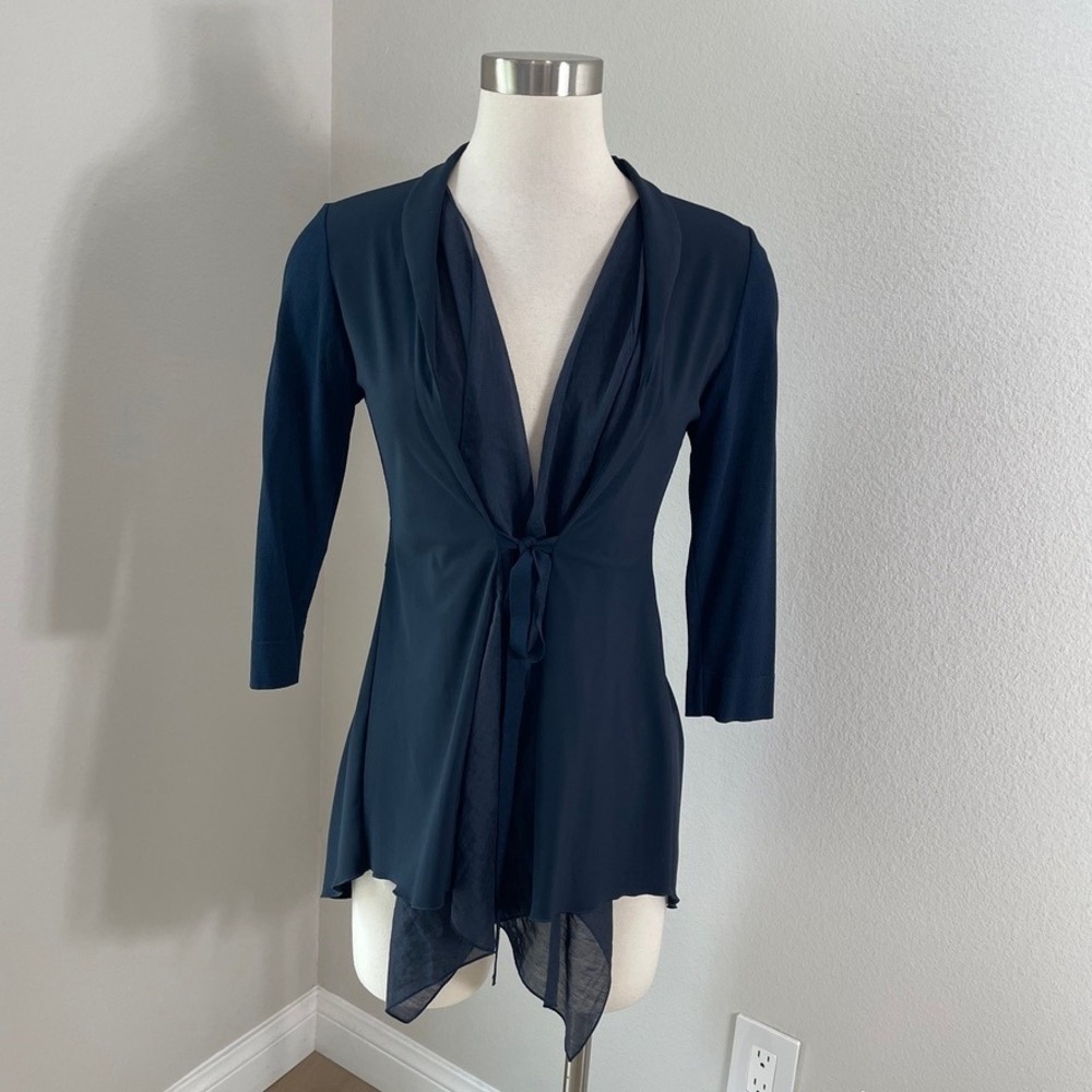 Crea Concept Womens 36 Navy Tie Front Mixed Media Cardigan Layered‎ Knit